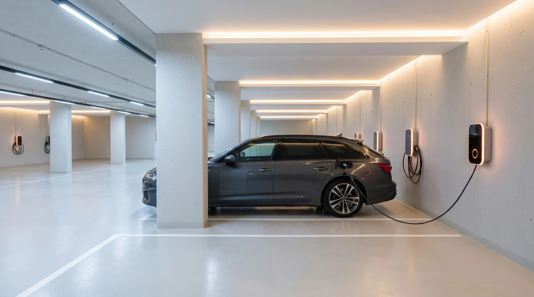 Stanica za punjenje električnog automobila u garaži kompleksa